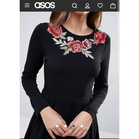 CLUB L BY ASOS BLACK LONG SLEVE ROSE EMBROIDERED SKATER DRESS US SIZE 14 - Picture 8 of 8